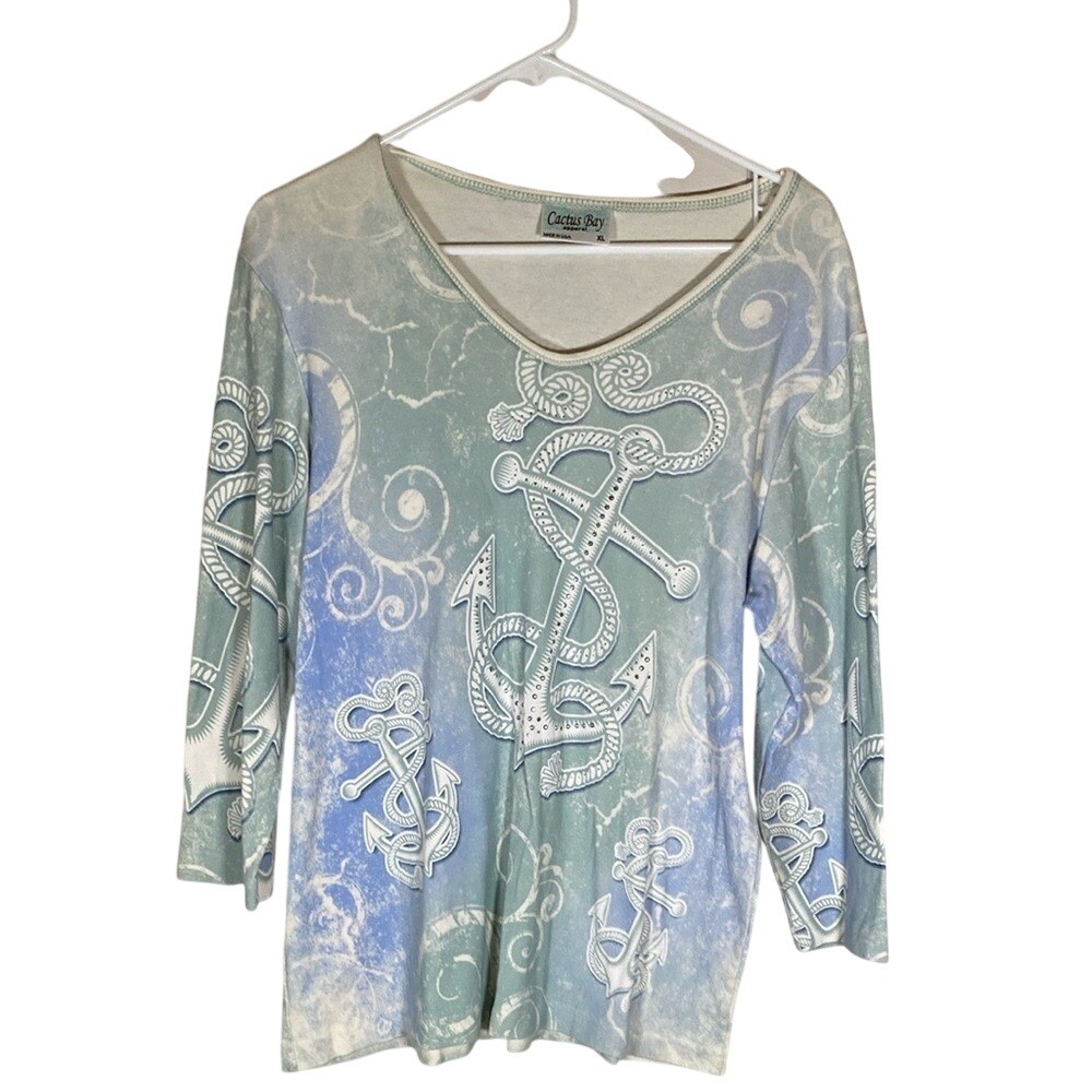 Cactus bay Women's Blue and White Anchor Top size XL nautical